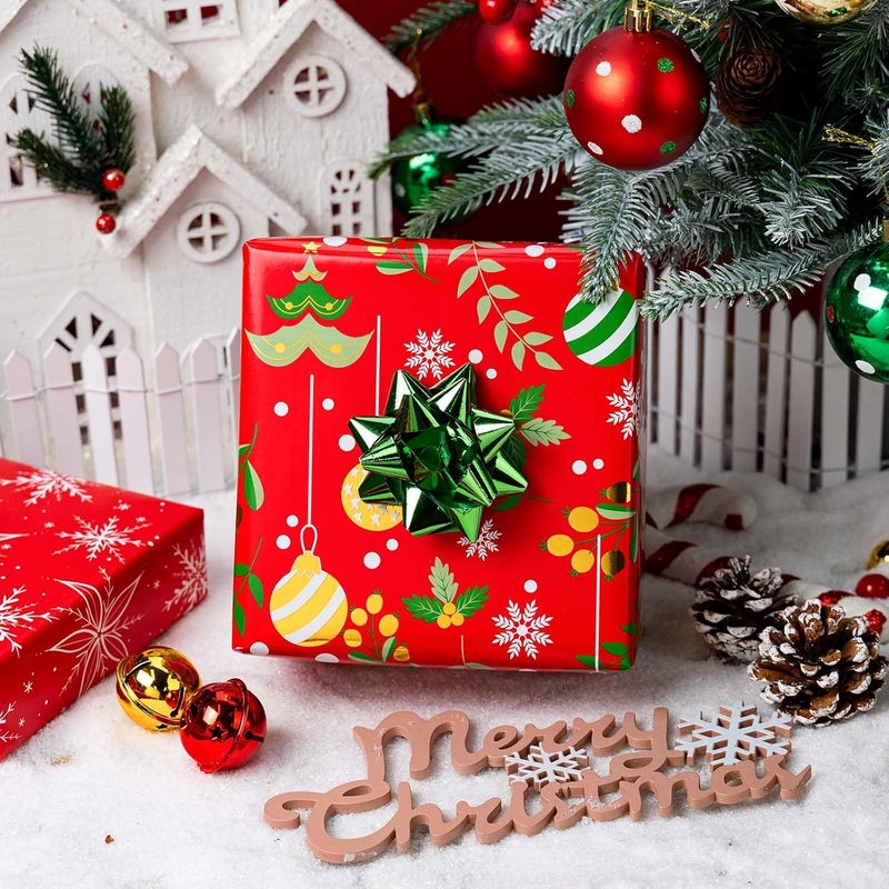 Retrify Red Wrapping Paper Roll - Metallic Gold Foil Bells, Berry and White Snowflake Mini Roll Gift Wrap Paper for Christmas New Year Festive Decoration - 17 Inches x 32.8 Feet - Image 5